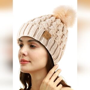 PAGE ONE Womens Winter Ribbed Beanie Crossed Cap Chunky Cable Knit Pompom Soft